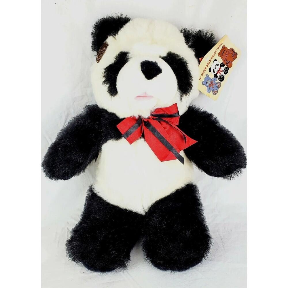 Vintage Panda Bear Plush Stuffed Animal, Cuddle Wit Creation 19" W/Tags Red Bow